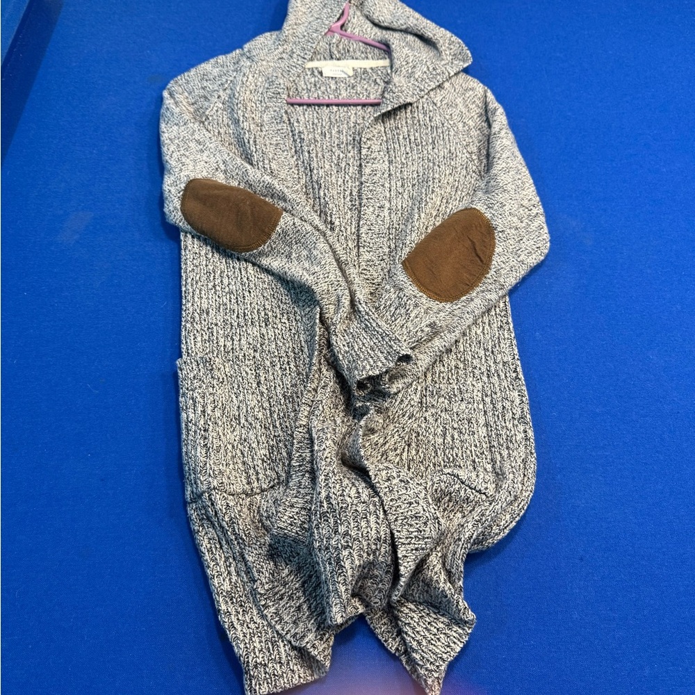 Harper Gray Hooded Cardigan with Brown Elbow Patches